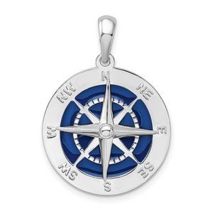 925 Sterling Silver Blue Enameled Large Nautical Compass Pendant Necklace w Chai